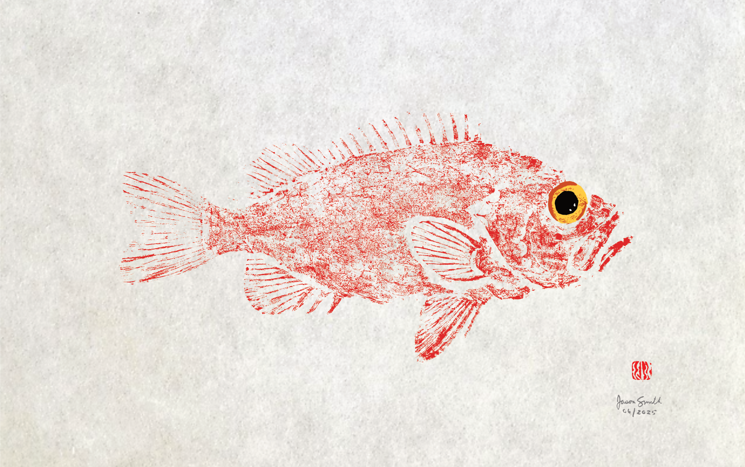 Acadian Redfish Gyotaku Giclee Print 12″ x 18″. Signed and numbered edition of 50